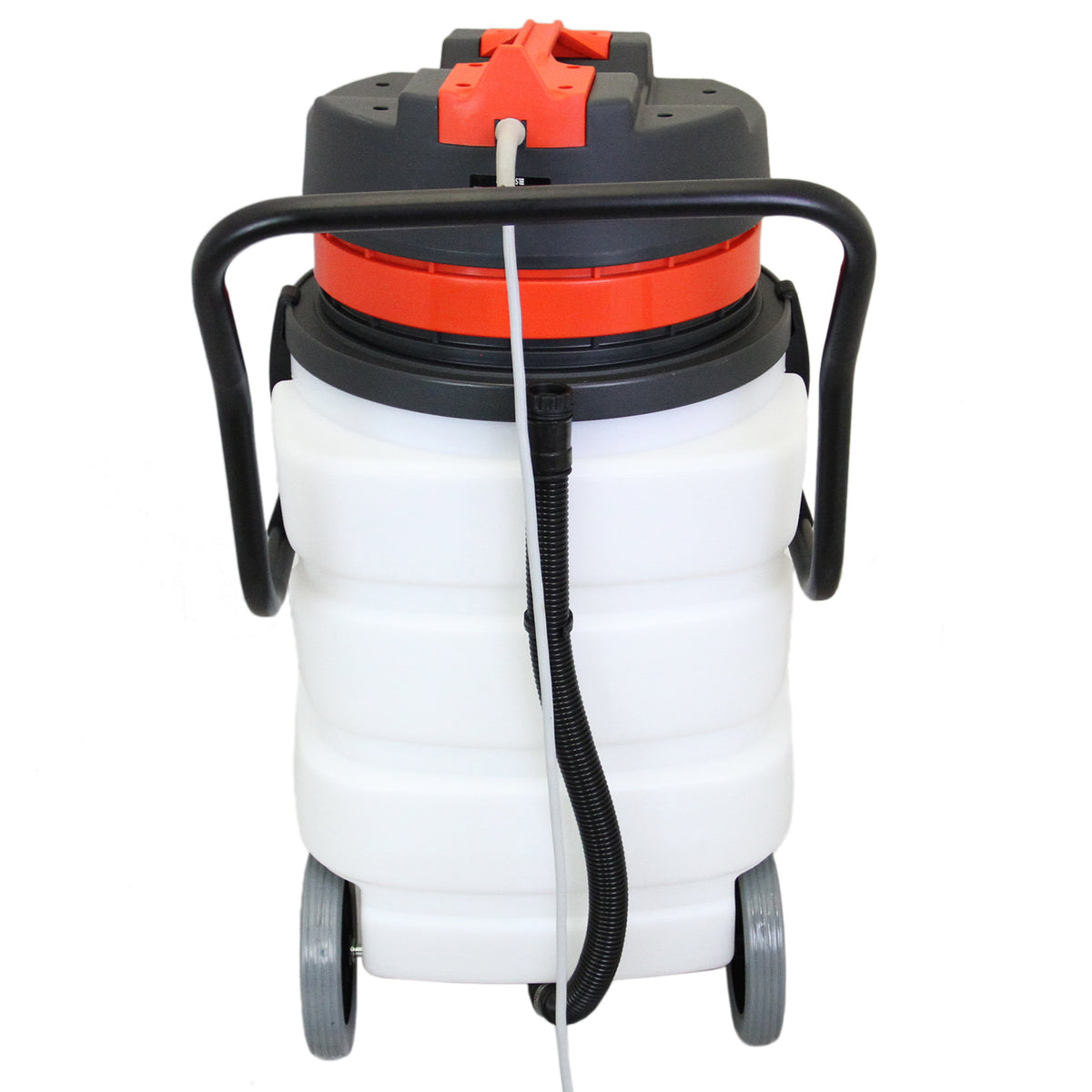 90L Maxblast industrial vacuum with a sturdy black and orange top, white body, and wheels for easy mobility, designed for wet and dry cleaning
