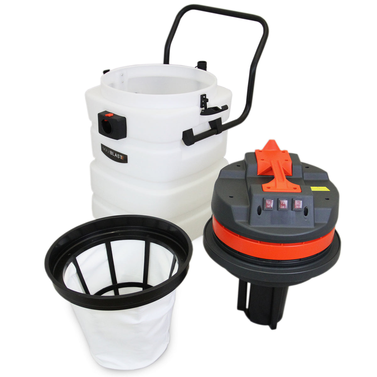 90L Maxblast industrial vacuum with a white tank, orange and gray motor, and a removable filter bag for wet and dry cleaning tasks