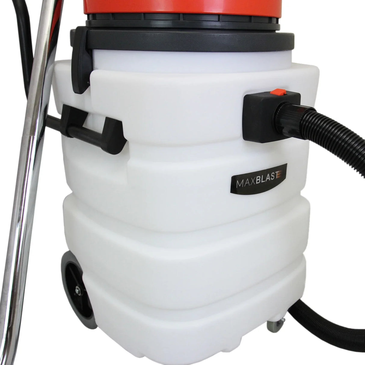 90L Maxblast industrial vacuum in white with red accents, featuring a sturdy design, large wheels, and a flexible hose attachment