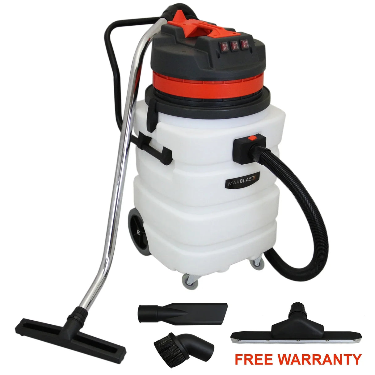 90L Maxblast industrial vacuum in white and black, featuring a red top, flexible hose, and various cleaning attachments for wet and dry use