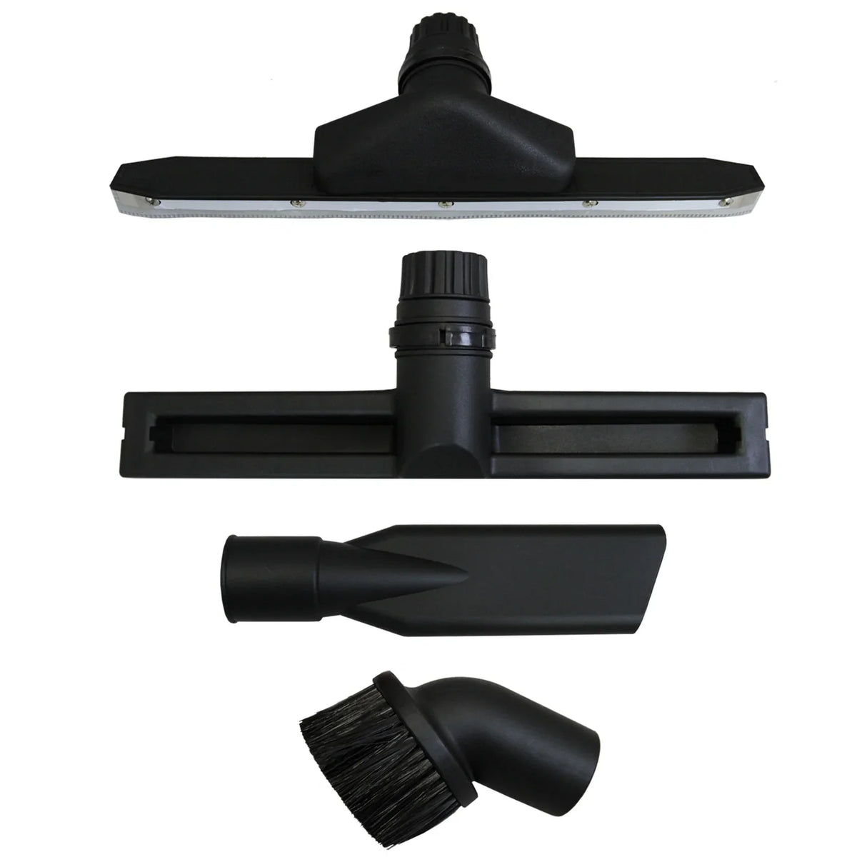 Four black vacuum attachments for the 90L Maxblast Industrial Vacuum, including a wide floor nozzle, crevice tool, and brush head