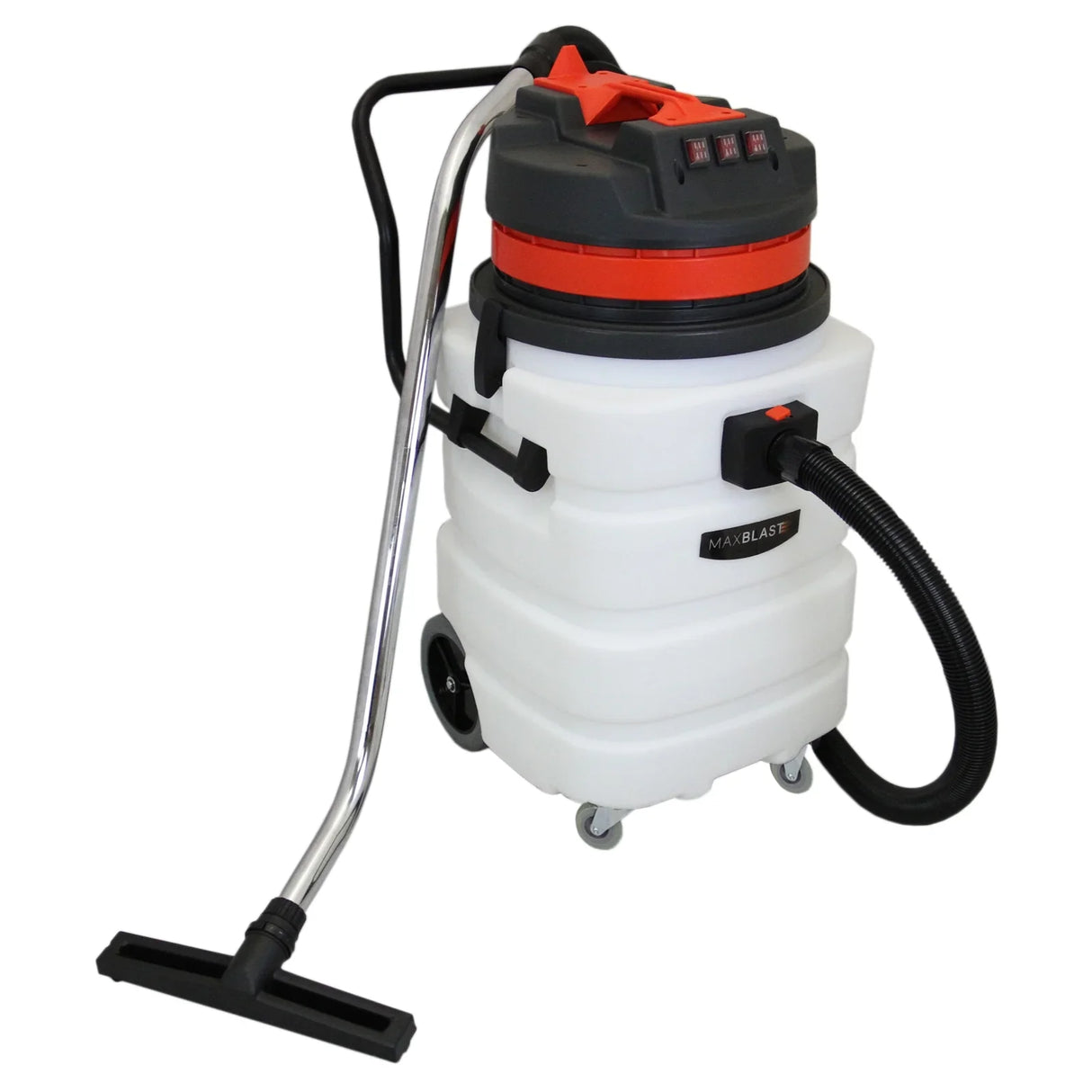 90L Maxblast industrial vacuum with a white body, red accents, and a chrome hose, designed for wet and dry cleaning tasks