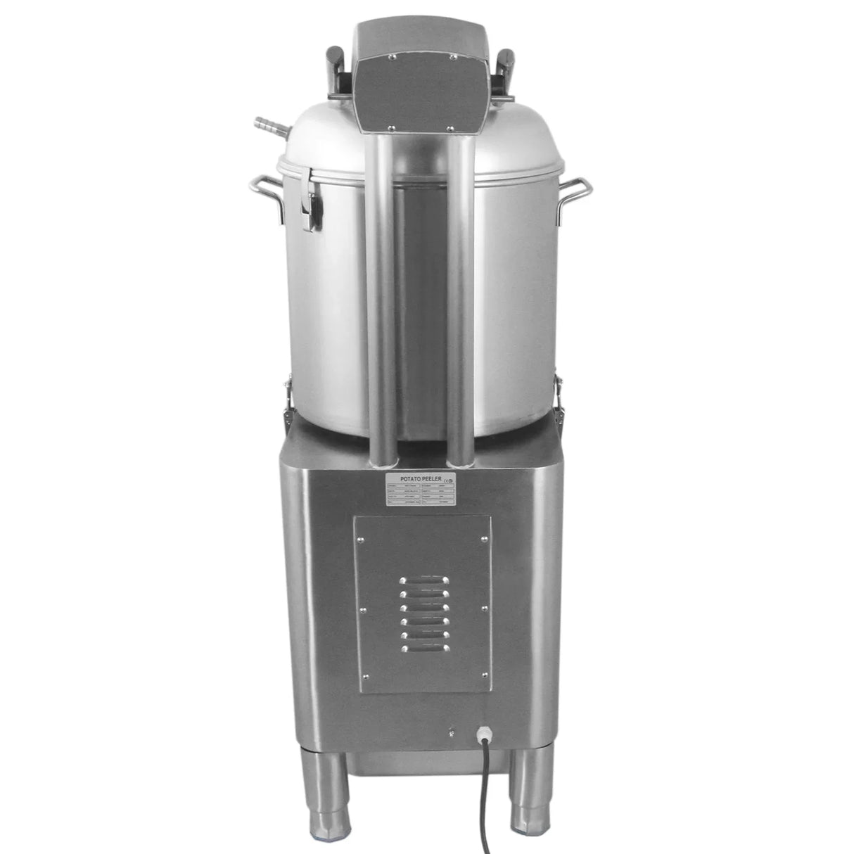 Stainless steel KuKoo Commercial Potato Rumbler with a large cylindrical body, dual handles, and a sturdy base for efficient potato cleaning