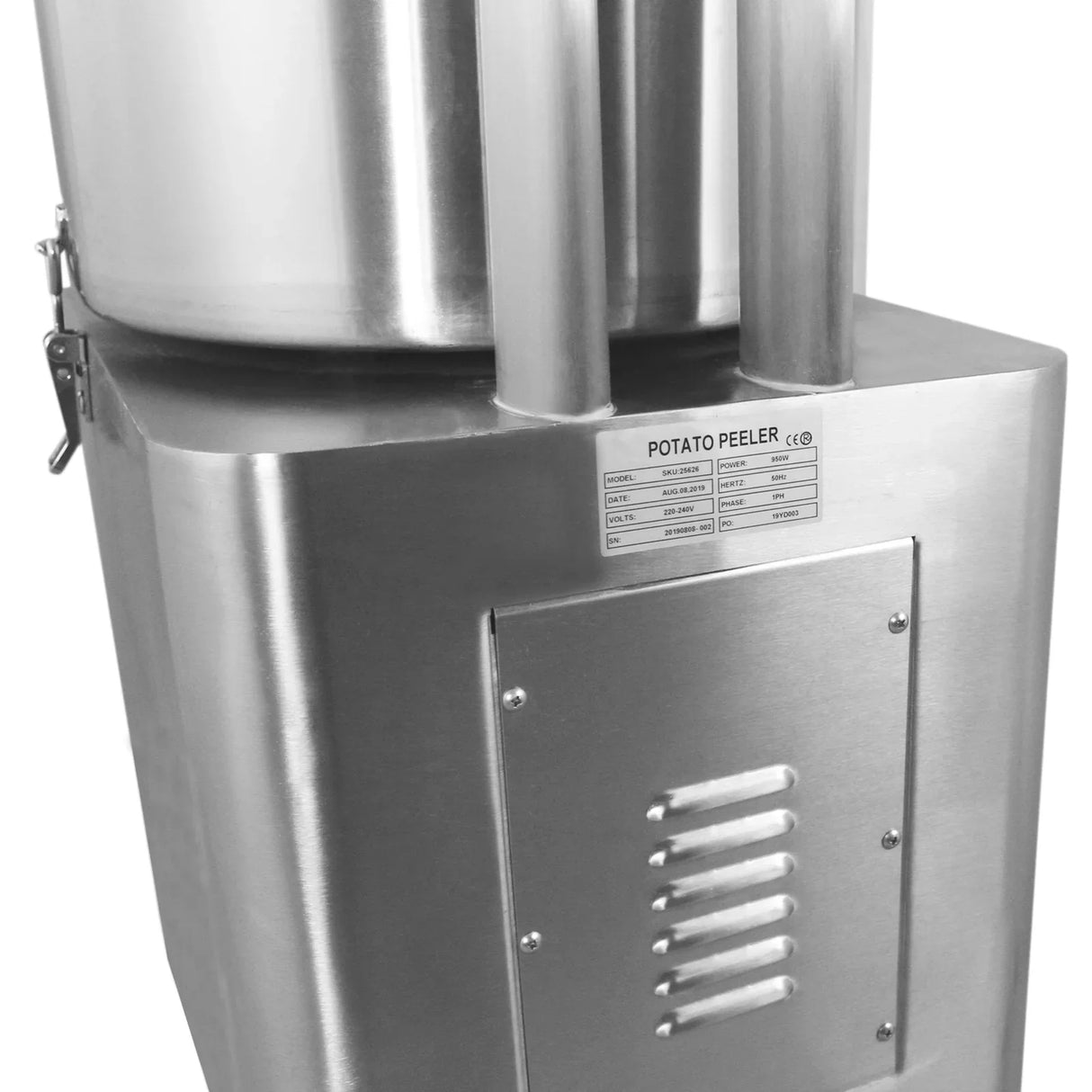 Stainless steel KuKoo Commercial Potato Rumbler with large cylindrical drum, dual exhaust pipes, and control panel for efficient peeling