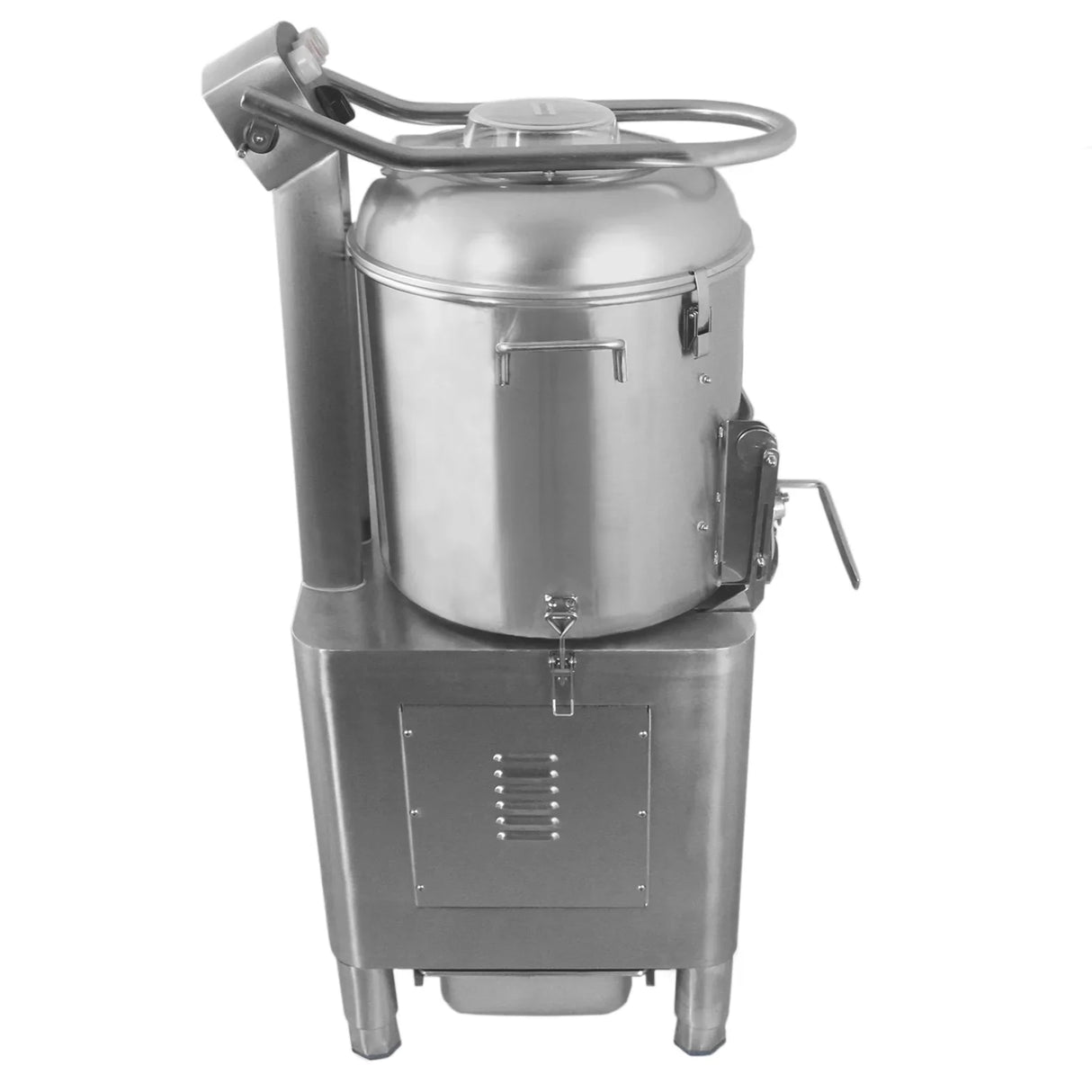 Commercial potato rumbler in stainless steel with a large cylindrical drum, sturdy base, and side handle for easy operation