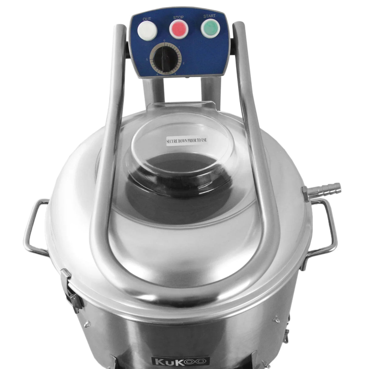 Stainless steel KuKoo Commercial Potato Rumbler with a clear lid, control panel featuring start and stop buttons, and sturdy handle