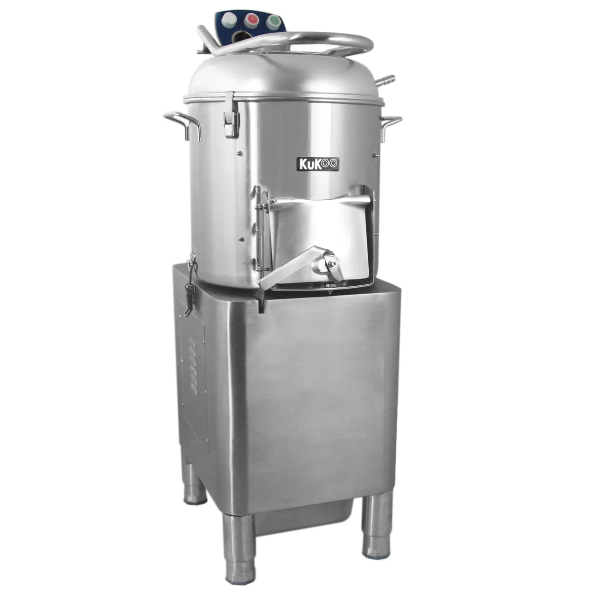 Stainless steel KuKoo Commercial Potato Rumbler with a sleek design, featuring a large capacity and sturdy base for efficient potato cleaning