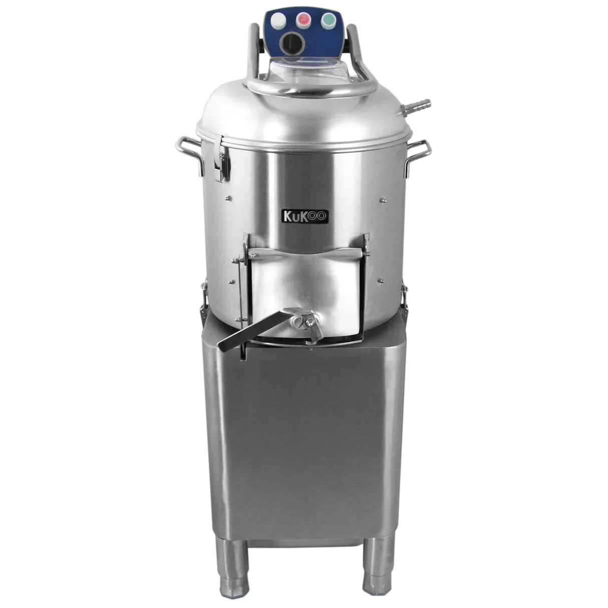 Stainless steel KuKoo Commercial Potato Rumbler with a large capacity, featuring a blue control panel and sturdy base for efficient cleaning