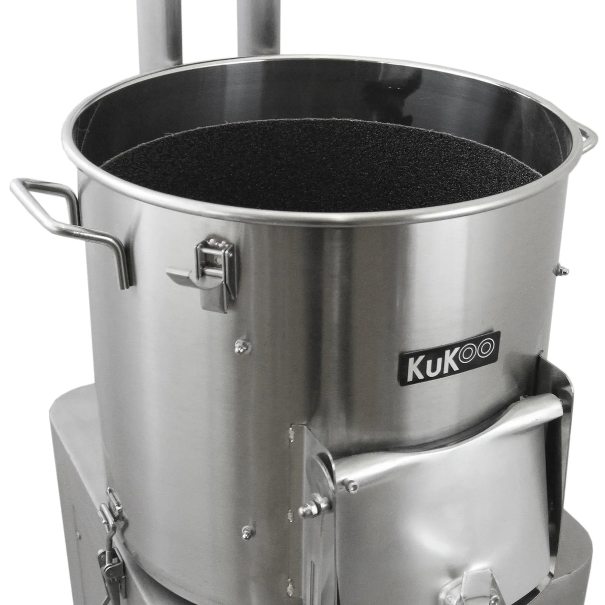 Stainless steel KuKoo Commercial Potato Rumbler with a large black rubber interior, designed for efficient potato cleaning and processing