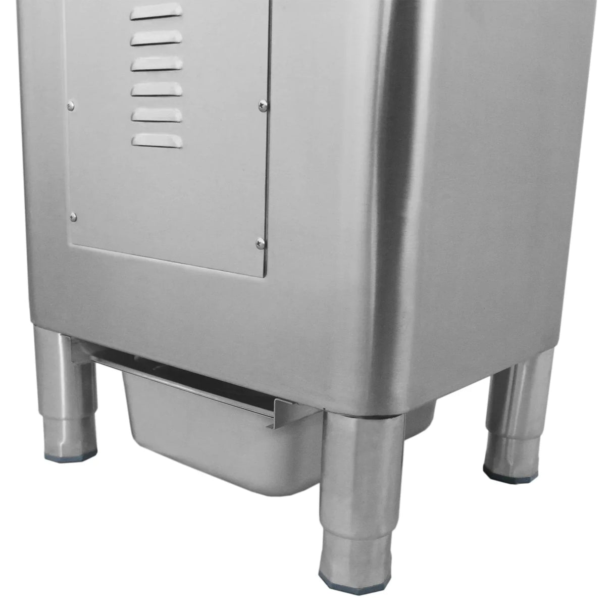 Stainless steel KuKoo Commercial Potato Rumbler with a sleek design, featuring a removable collection tray and sturdy legs