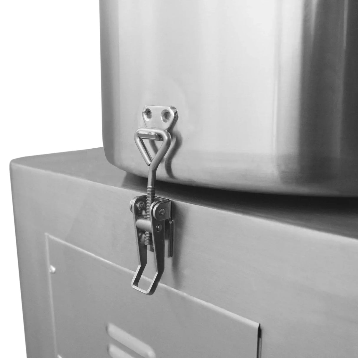 Stainless steel KuKoo Commercial Potato Rumbler with a secure latch, showcasing its durable construction and professional design