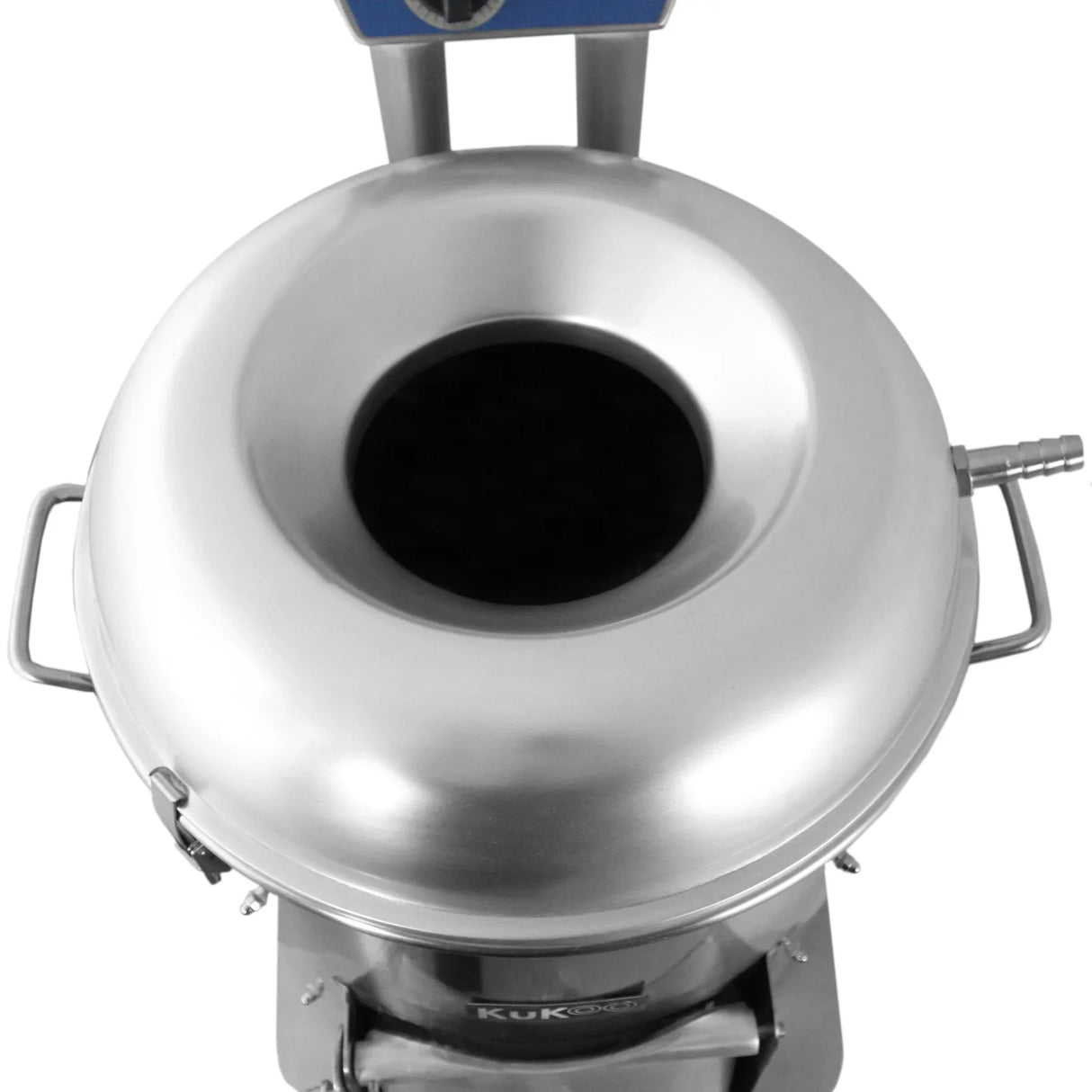 Stainless steel KuKoo Commercial Potato Rumbler with a smooth, rounded top and a large opening for efficient potato cleaning