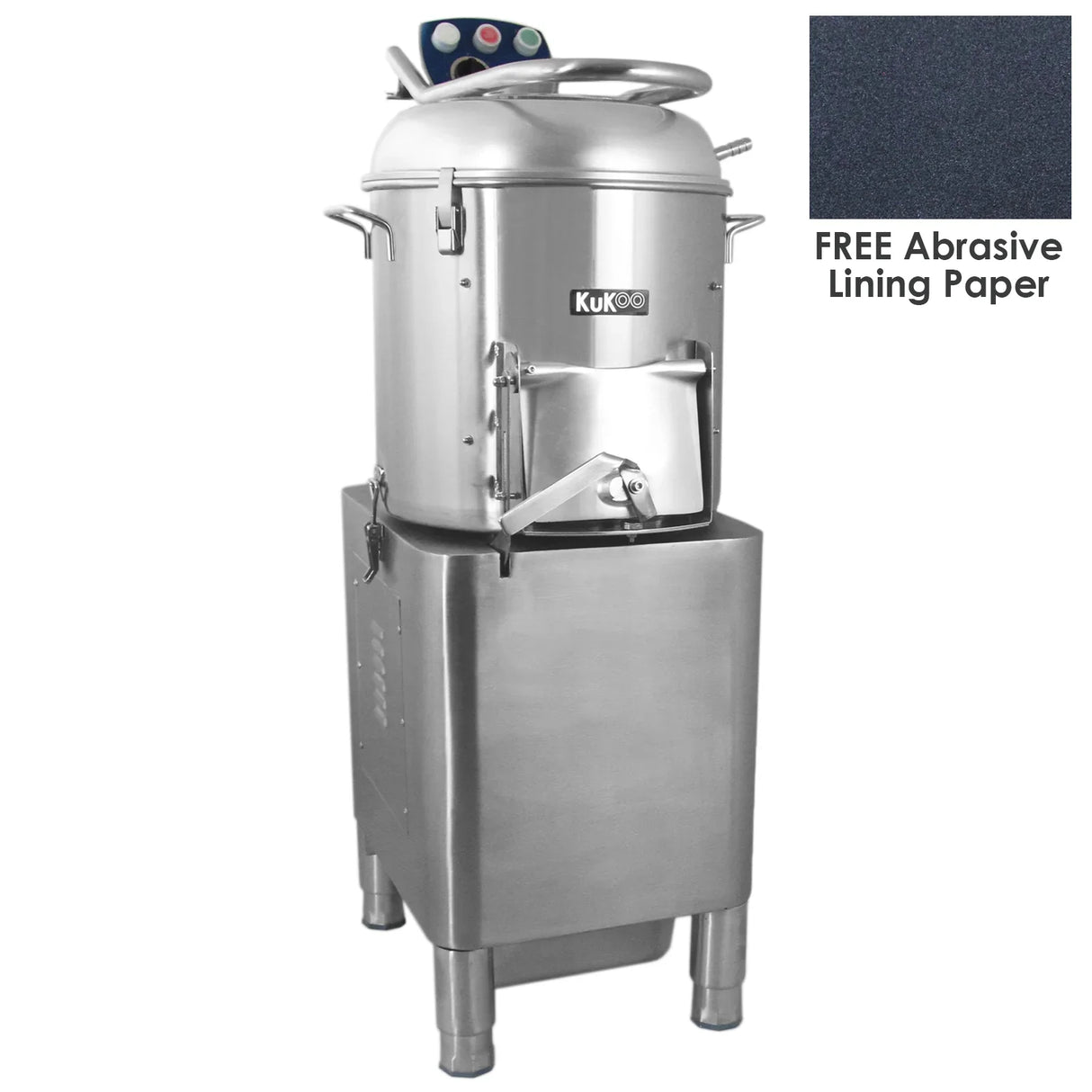 Stainless steel KuKoo Commercial Potato Rumbler with a large capacity, featuring a sturdy base and ergonomic handle for easy operation