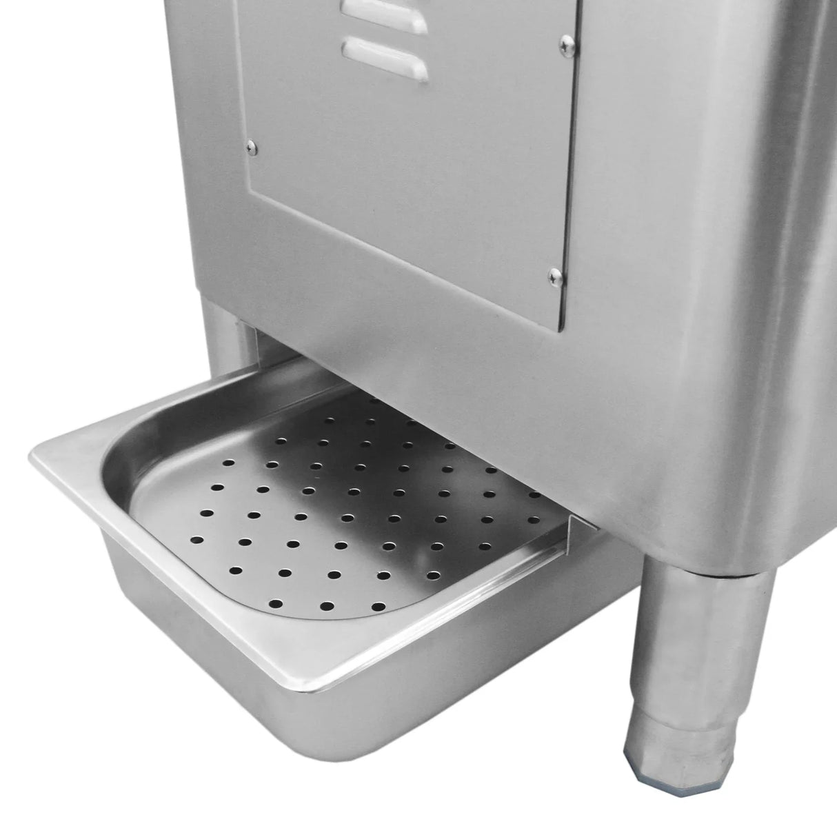 Stainless steel KuKoo Commercial Potato Rumbler with perforated drainage tray, designed for efficient potato cleaning and preparation