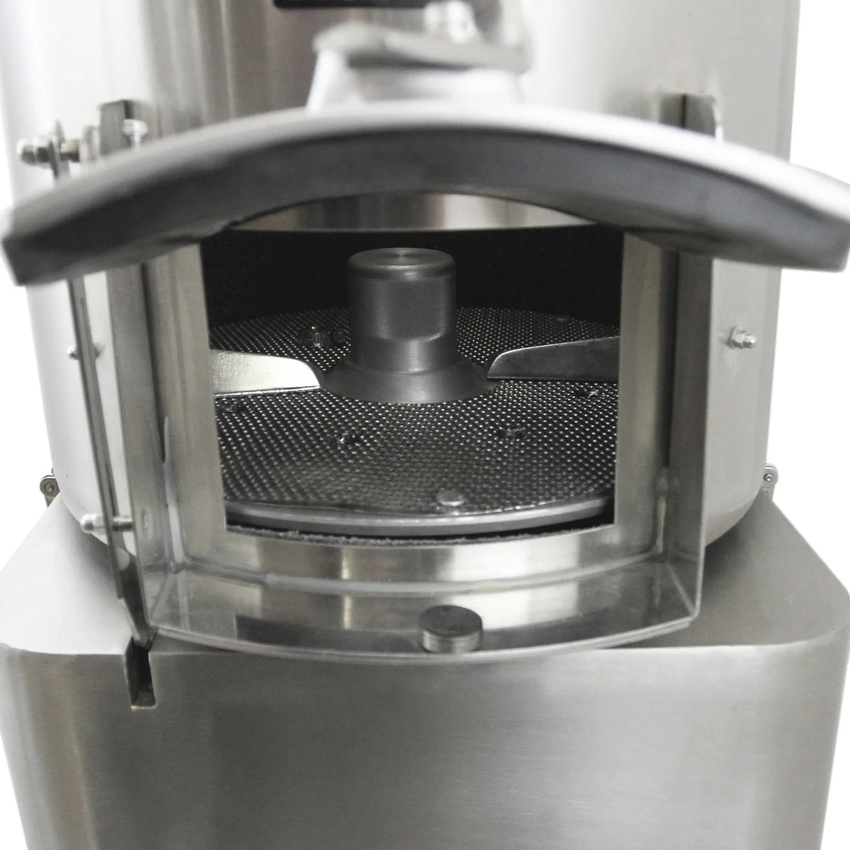 Stainless steel KuKoo Commercial Potato Rumbler with a transparent lid, featuring a textured interior and central mixing paddle