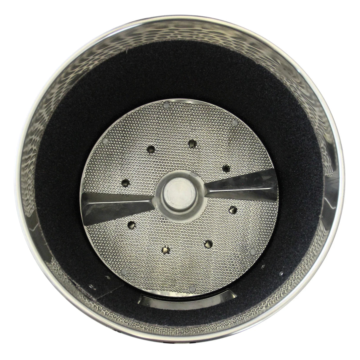 Stainless steel KuKoo Commercial Potato Rumbler with a textured interior and perforated base for effective cleaning and polishing