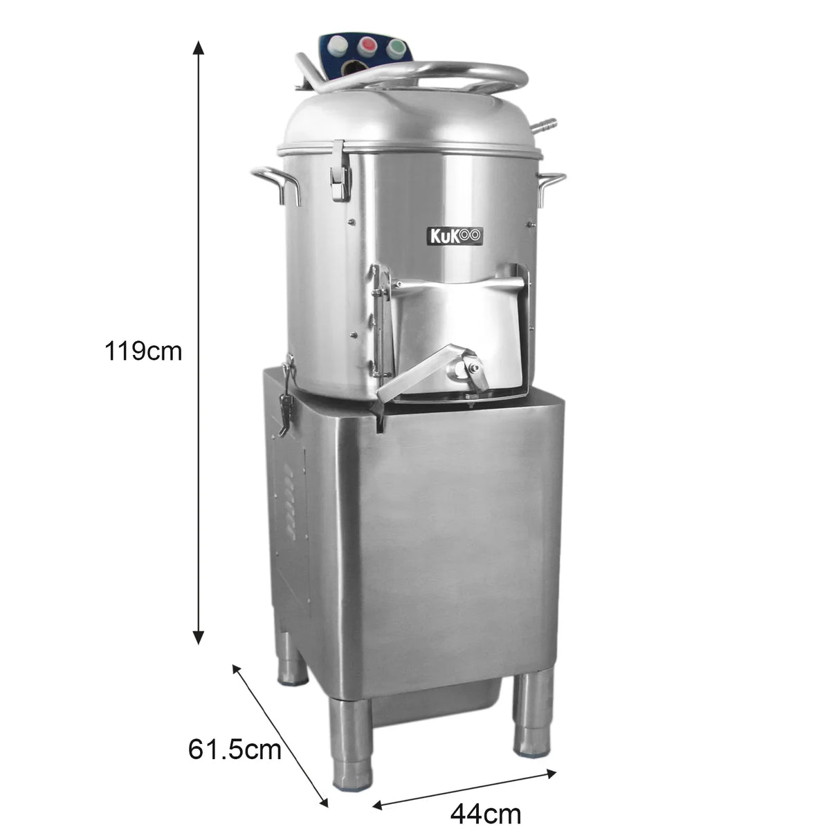 Stainless steel KuKoo Commercial Potato Rumbler with a large capacity, featuring a sleek design and easy-to-use controls