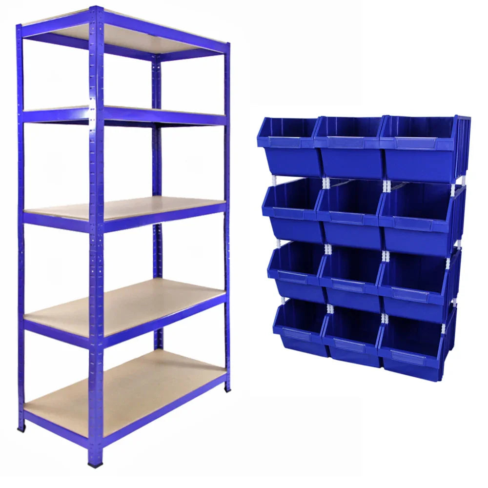 T-RAX blue shelving unit with four shelves and 12 vibrant storage quick pick bins, ideal for organizing tools and supplies