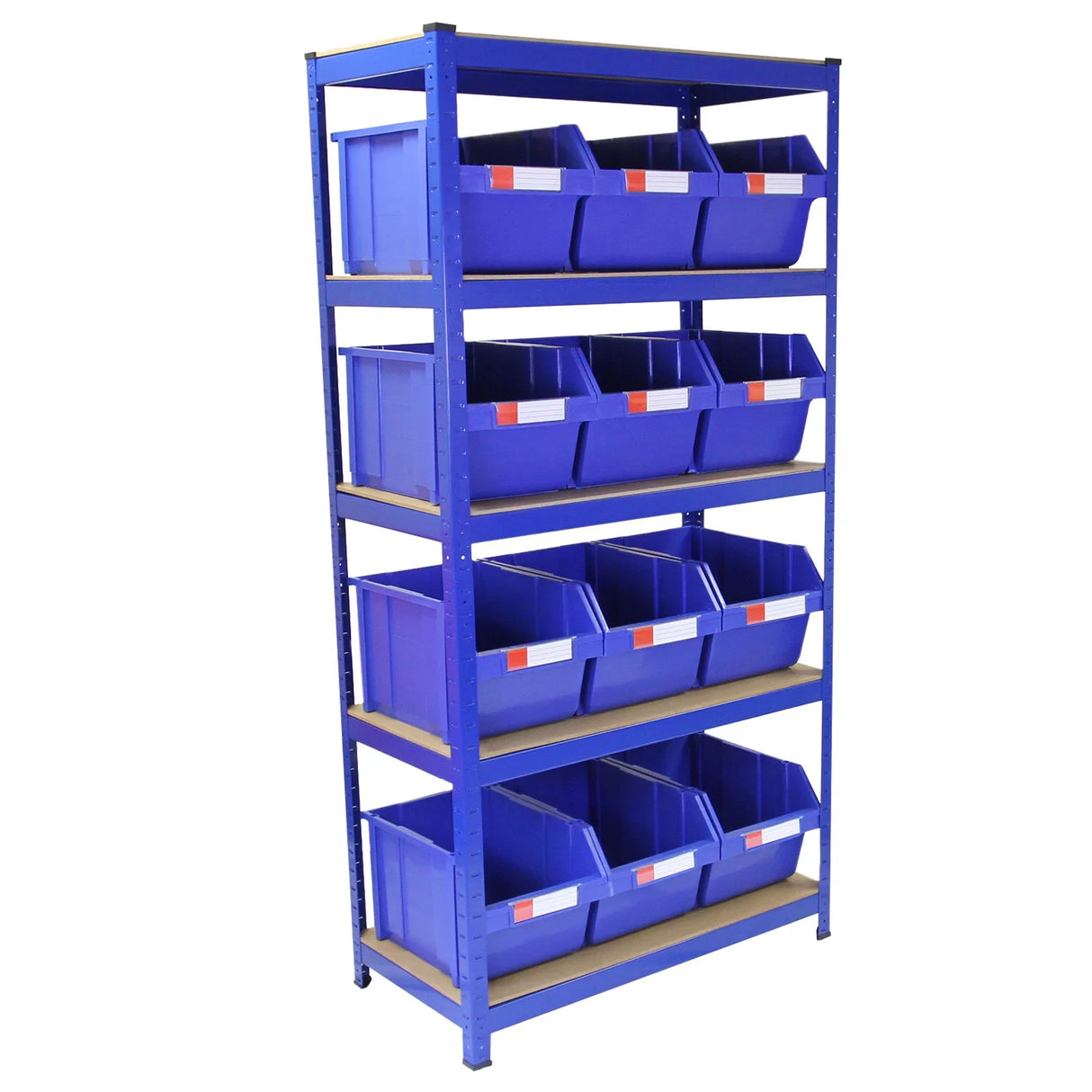T-RAX blue 90cm shelving unit with 12 storage quick pick bins, featuring sturdy metal frame and durable plastic bins for organization
