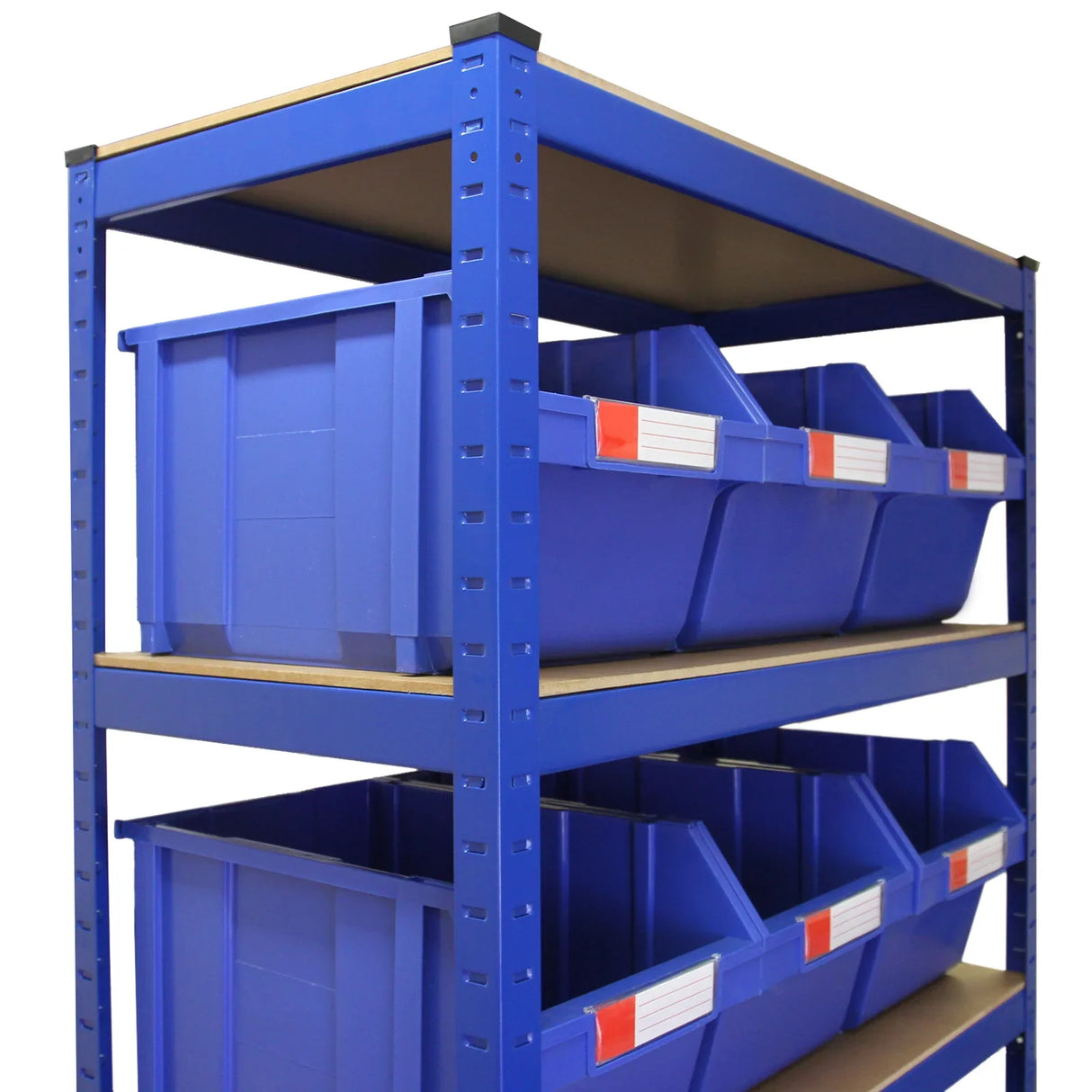 T-RAX blue shelving unit with 12 storage quick pick bins, featuring sturdy plastic bins and a robust metal frame for organization