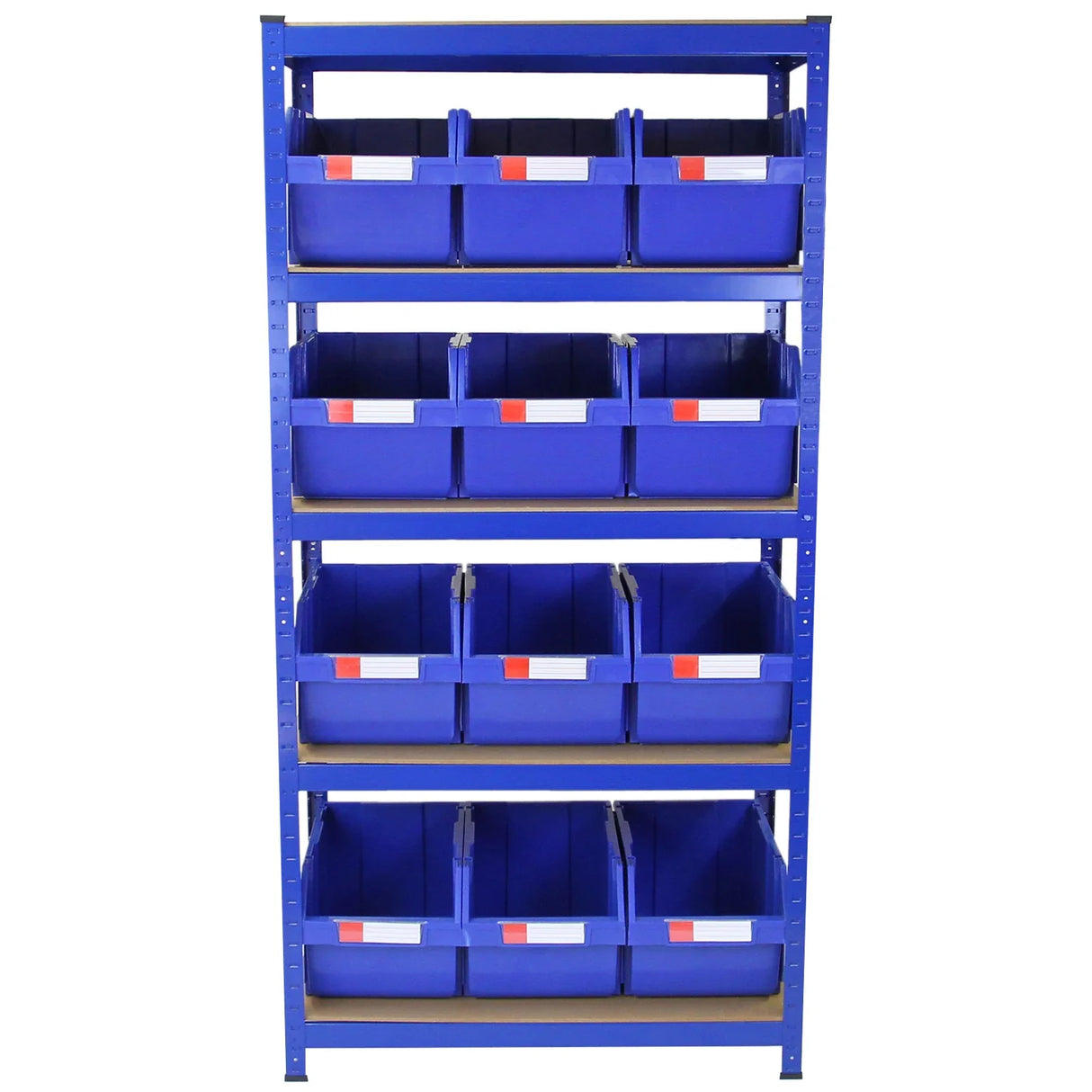 T-RAX blue 90cm storage unit featuring 12 durable plastic quick pick bins, ideal for organizing tools and supplies in any space