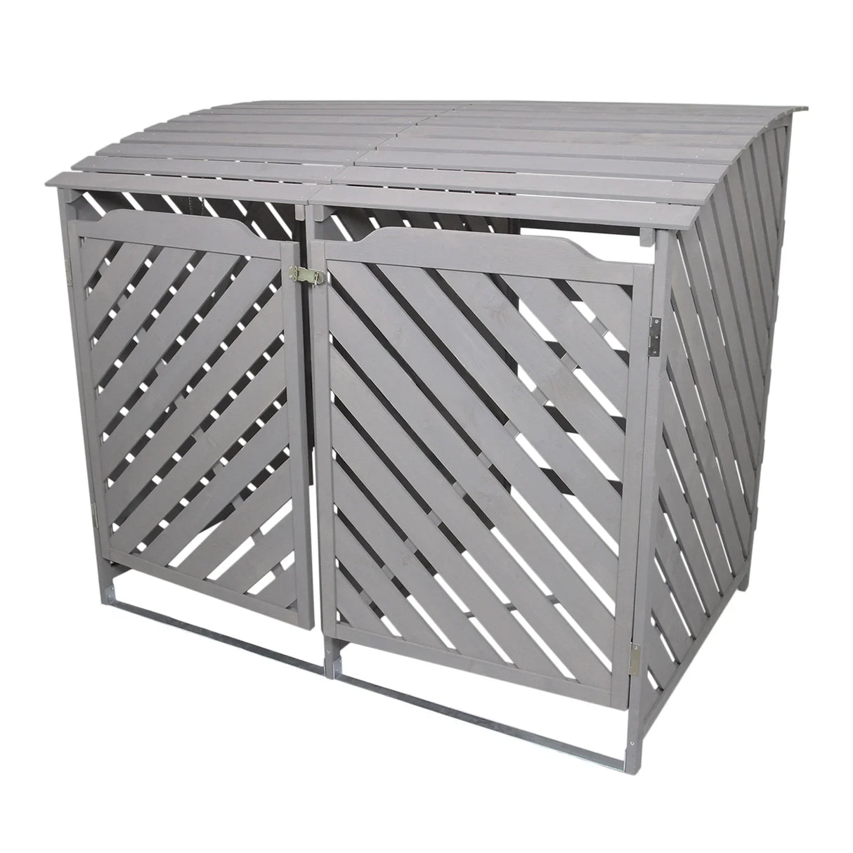 Grey wash double wheelie bin storage with slatted design, featuring a curved roof and double doors for easy access and ventilation