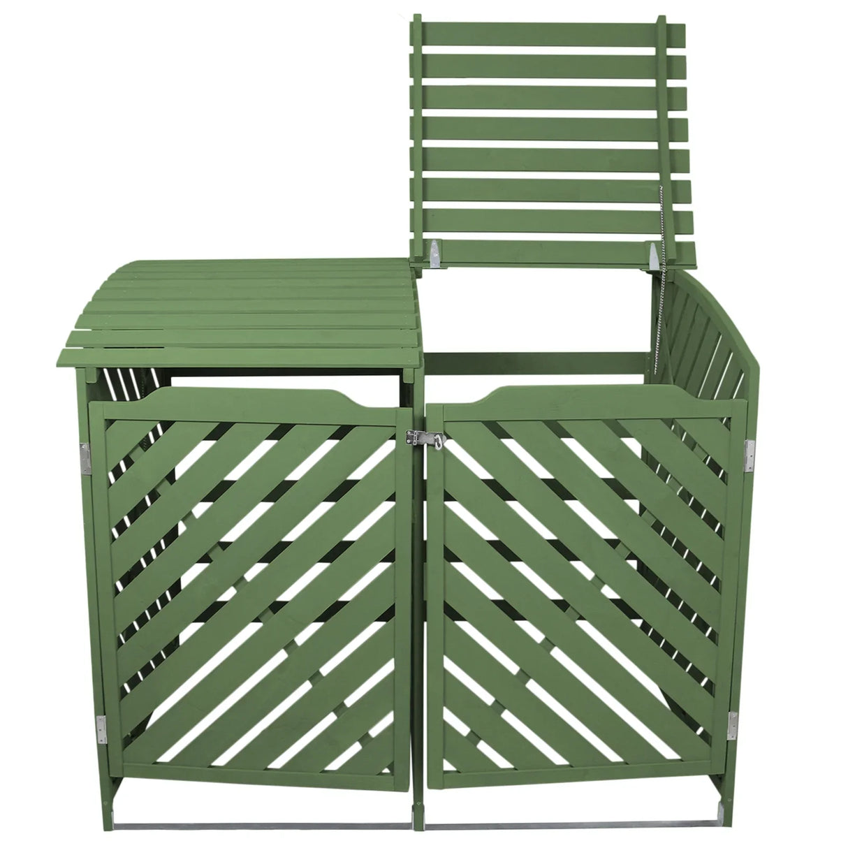 Sage green double wheelie bin storage with slatted design, featuring two compartments and a hinged lid for easy access