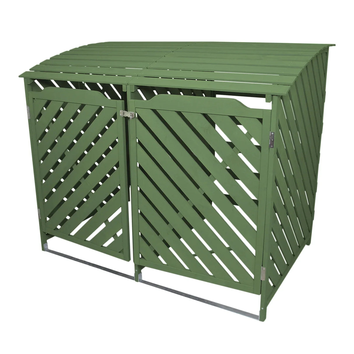 Sage green double wheelie bin storage with a slatted design, featuring two doors and a curved roof for easy access and ventilation