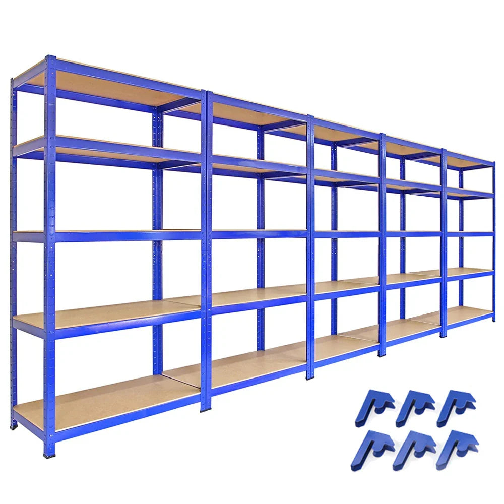 5 blue metal racking shelves with wooden shelves, featuring 5 T-Rax bay connectors for secure assembly and stability