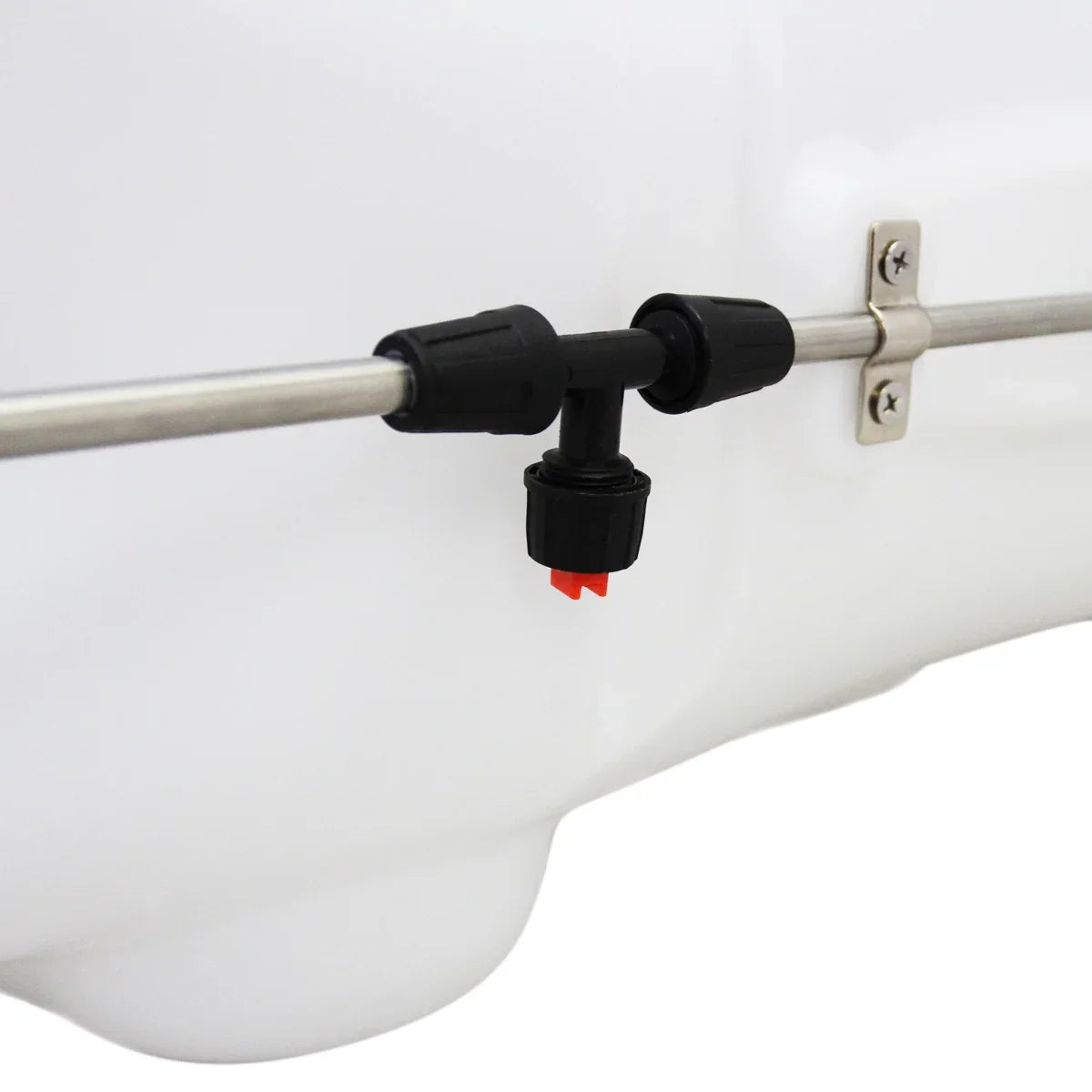 Close-up of a white 60-liter sprayer tank with a black nozzle and metal mounting bracket, showcasing its durable design and functionality