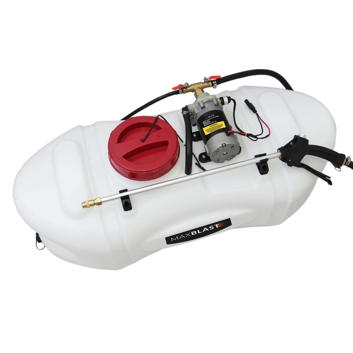 60L ATV sprayer with a durable white tank, red cap, electric pump, and spray wand, designed for efficient agricultural use