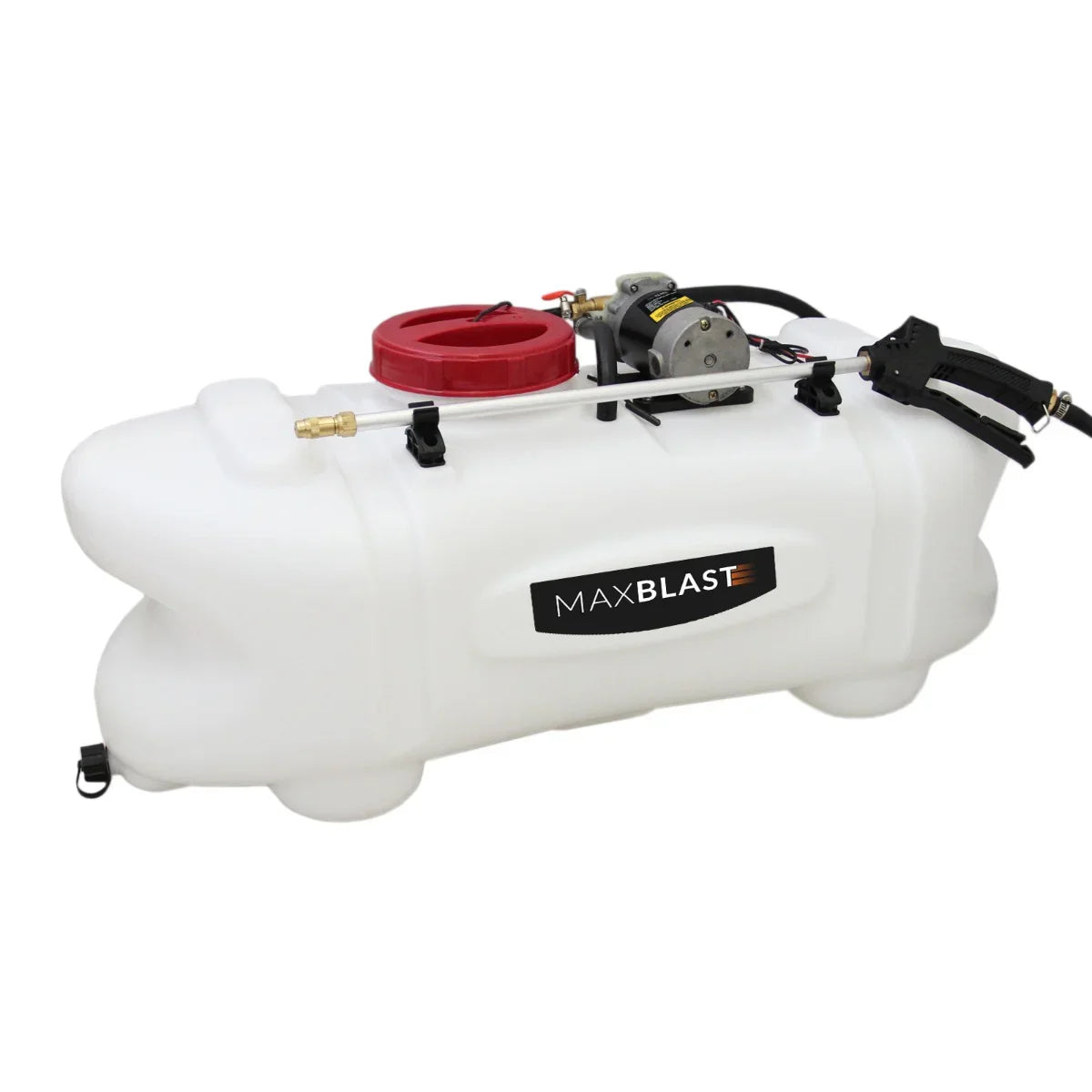 White 60-liter sprayer tank with red cap, featuring a motor and hoses, designed for use with off-road ATV trailers