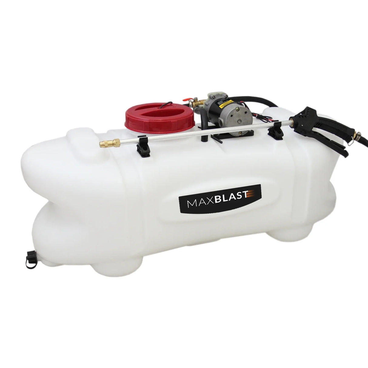 60L ATV sprayer with a durable white tank, red cap, and integrated pump, designed for efficient liquid application in outdoor tasks