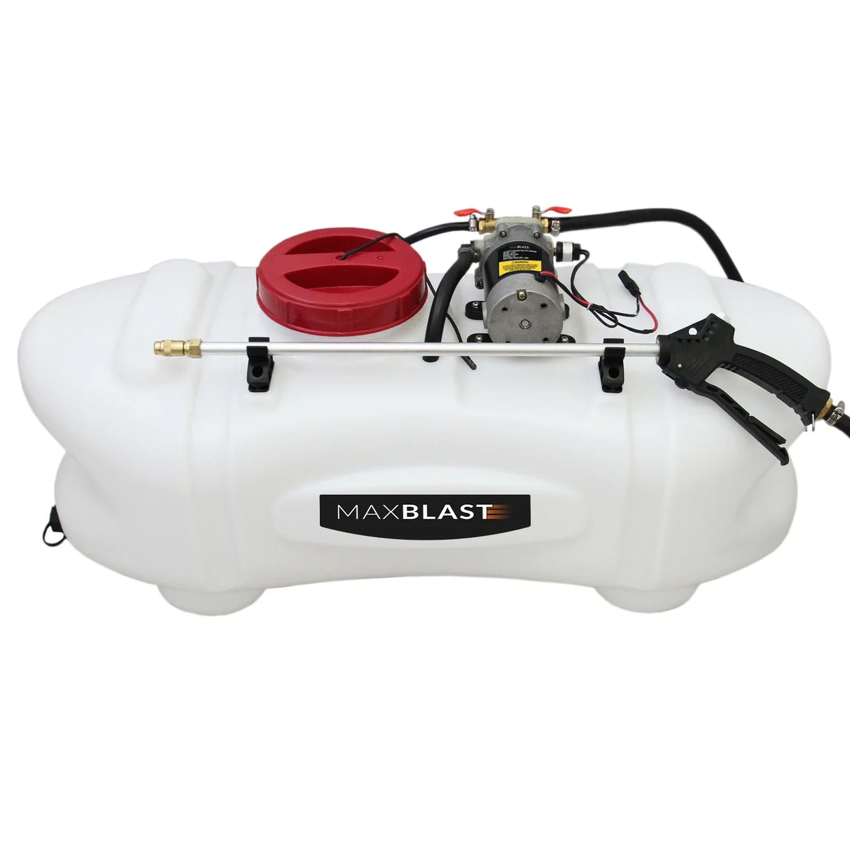 60L ATV sprayer with a white tank, red cap, and integrated pump, designed for efficient spraying and easy attachment to vehicles