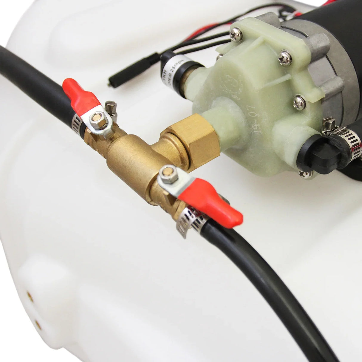 60L ATV sprayer featuring a durable white tank, brass valve, and black hoses, designed for efficient liquid application in outdoor tasks