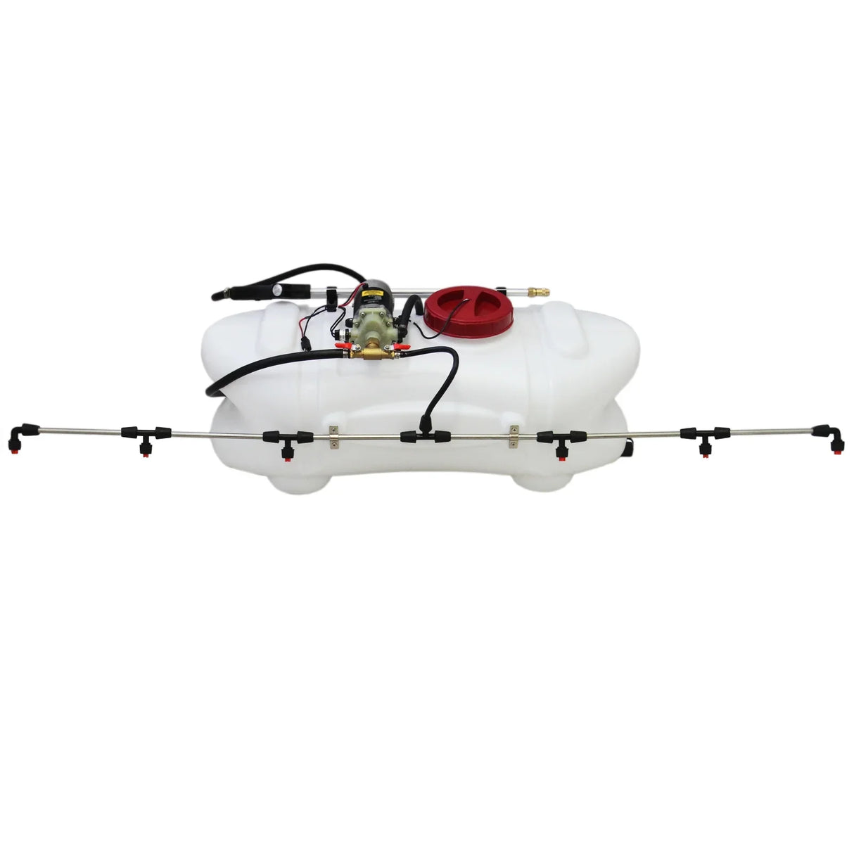 60L ATV sprayer with a white tank, red pressure gauge, and stainless steel spray boom featuring multiple nozzles for efficient application