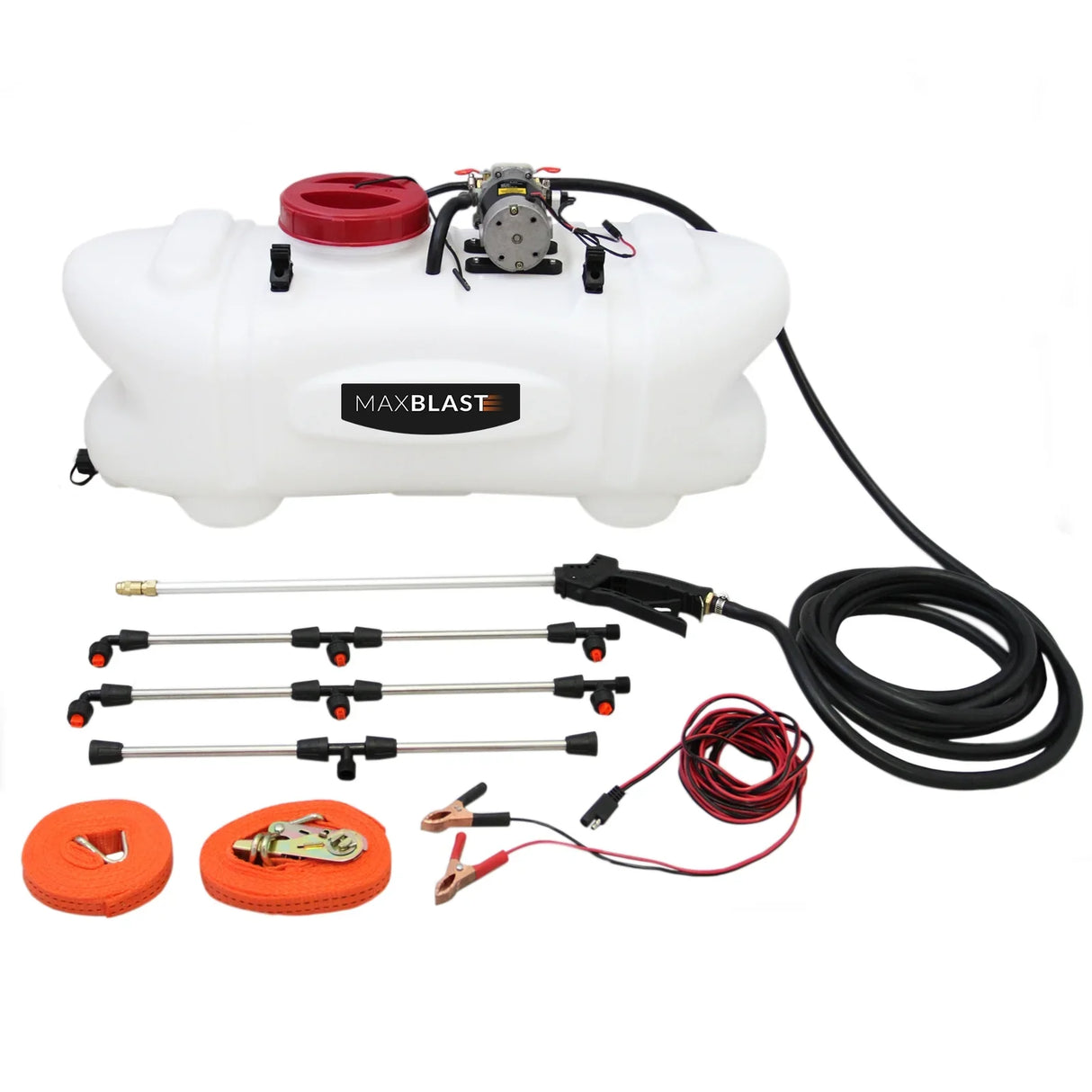 60L ATV sprayer with a white tank, red cap, multiple spray wands, and a power cord for efficient liquid application in outdoor tasks