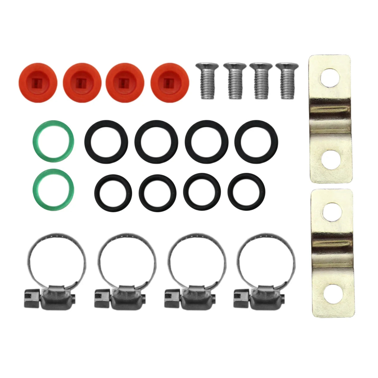 Replacement parts for 60L ATV sprayer, including O-rings, screws, and metal brackets in various colors and sizes for maintenance