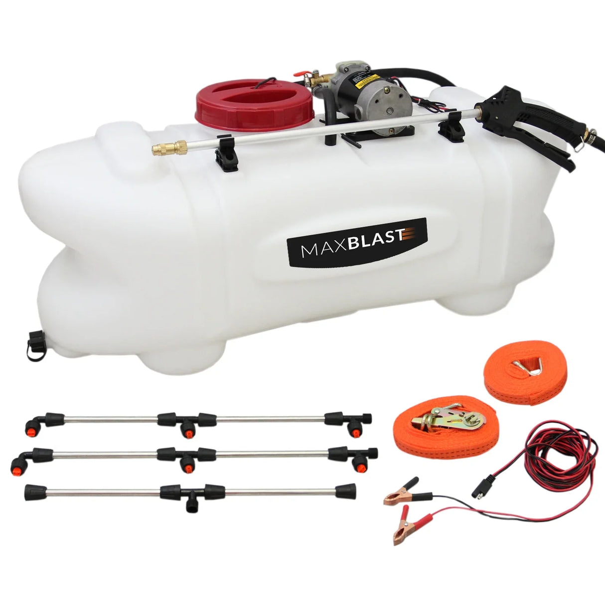 60L ATV sprayer with a white tank, red cap, and included spray nozzles, hoses, and battery cables for easy attachment and use