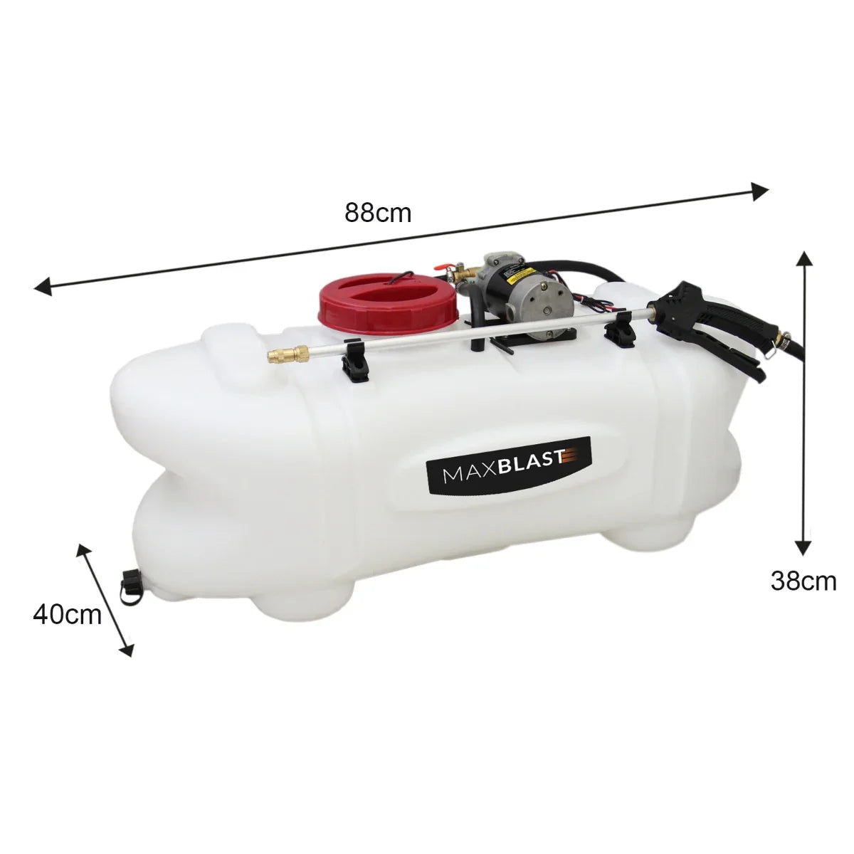 Off Road ATV Trailer and 60 Ltr Sprayer Bundle featuring a large white tank with red cap, pump, and hose attachments for efficient spraying