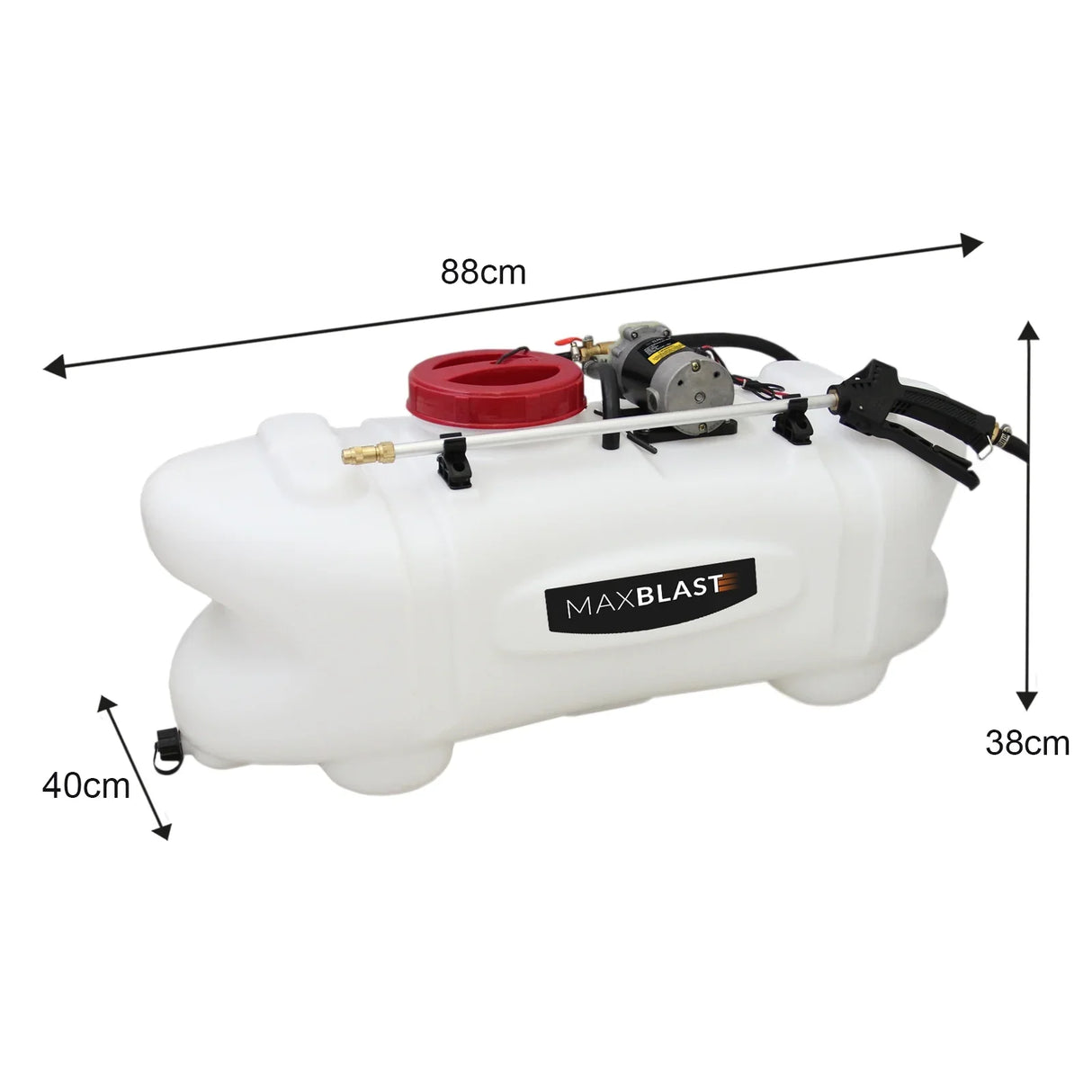 60L ATV sprayer with a white polyethylene tank, red lid, and integrated pump, measuring 88cm long and 40cm high