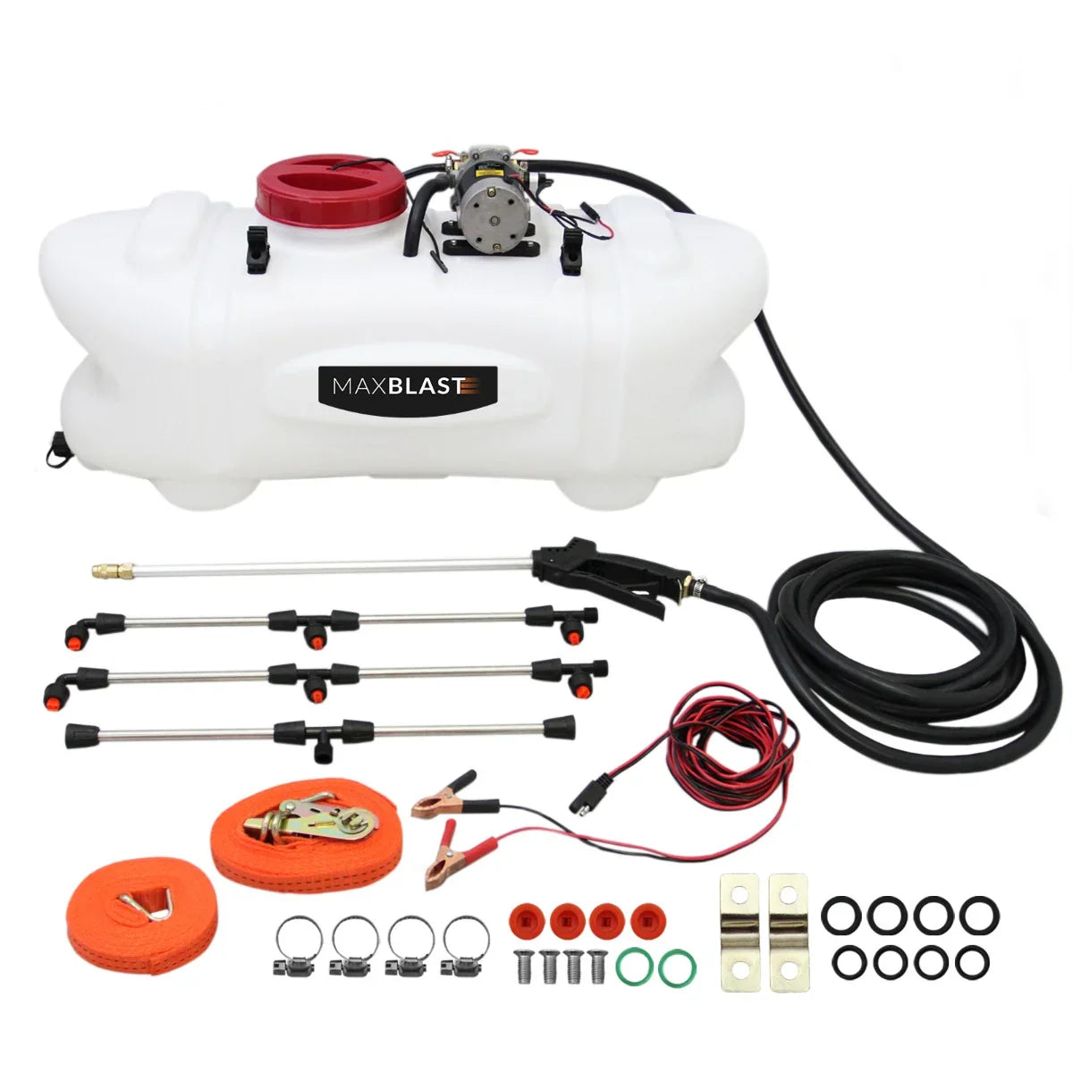 60-litre sprayer with white tank, red cap, hoses, nozzles, and connectors, designed for use with ATV tipping trailers
