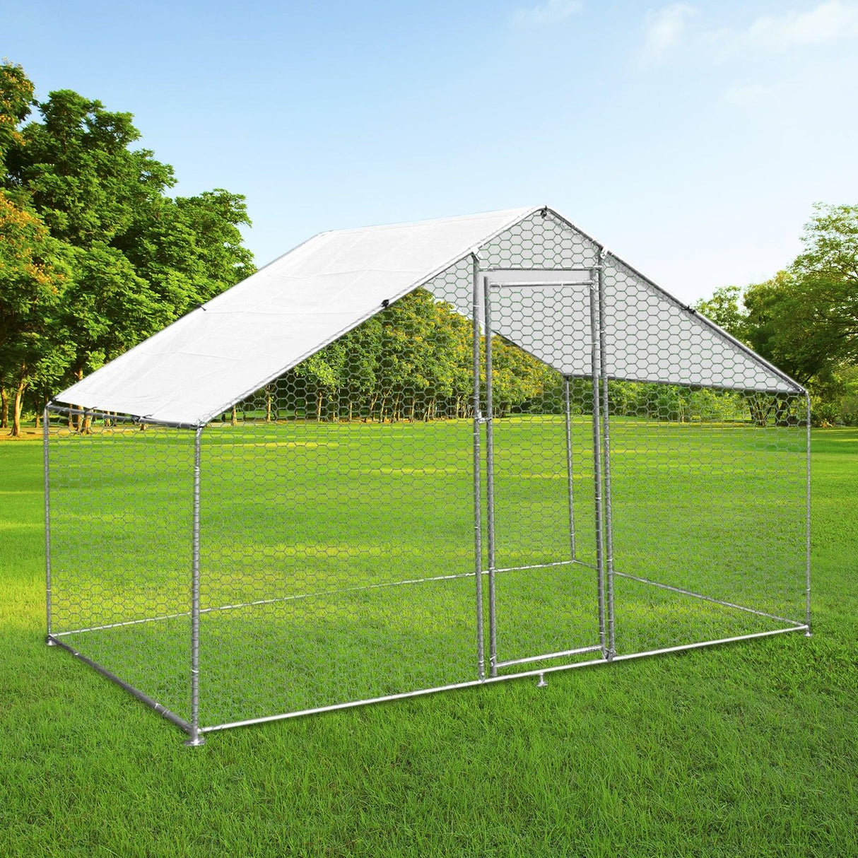 Spacious 3m x 2m x 2m chicken run with a sturdy galvanized frame, hexagonal wire mesh, and a sloped roof, set on green grass