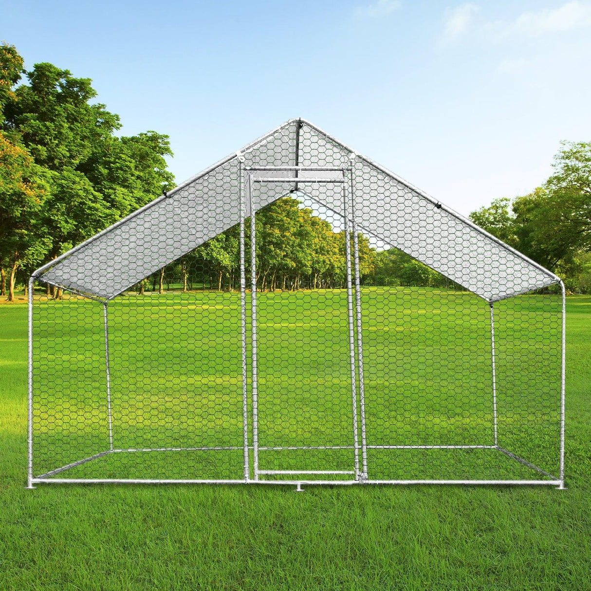 Spacious 3m x 2m x 2m chicken run with sturdy galvanized wire mesh, featuring a peaked roof and open design for ventilation