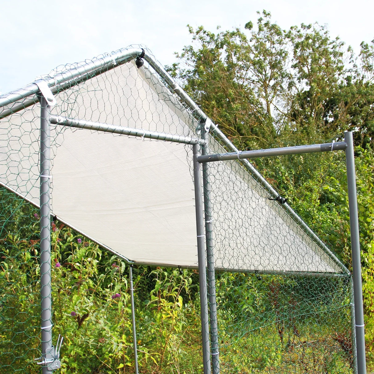 Durable chicken run measuring 3m x 2m x 2m with a sturdy metal frame, hexagonal wire mesh, and a protective canopy for shade