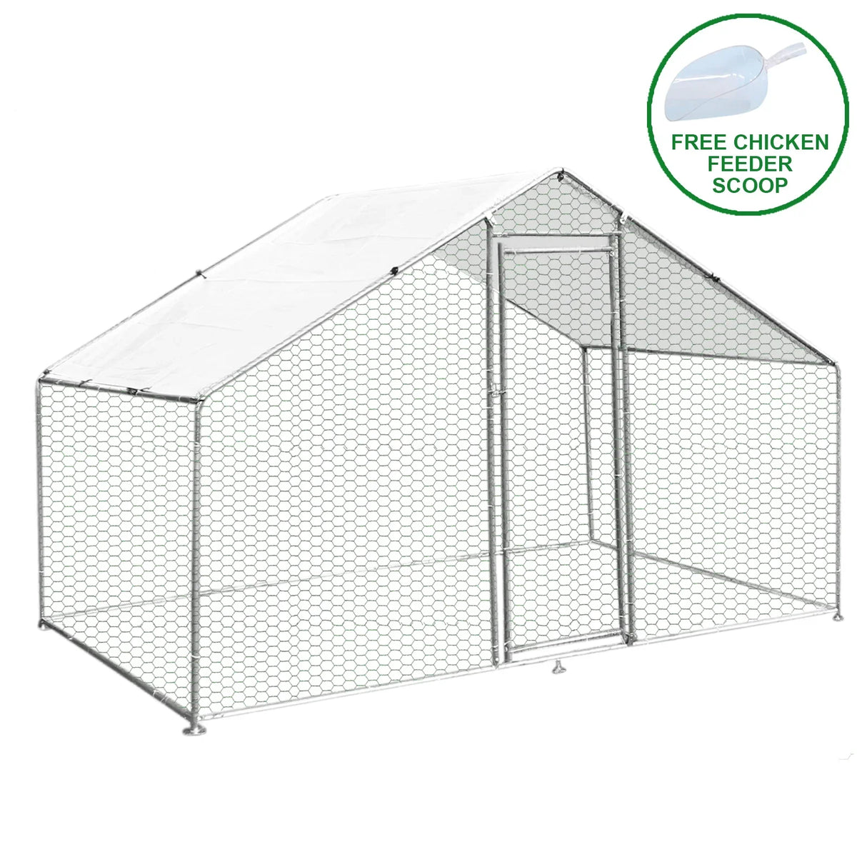 Spacious 3m x 2m x 2m chicken run with a sturdy metal frame, hexagonal mesh, and a sloped roof, includes a free feeder scoop