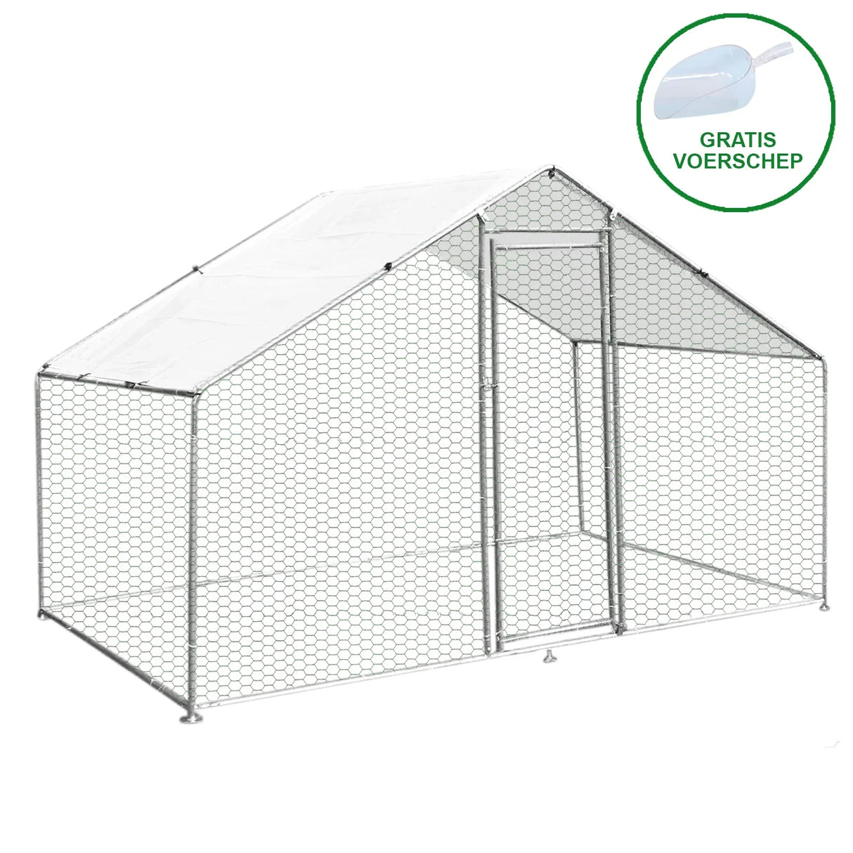 Spacious 3m x 2m x 2m chicken run with a sturdy hexagonal wire mesh, featuring a weather-resistant roof and a secure entrance door