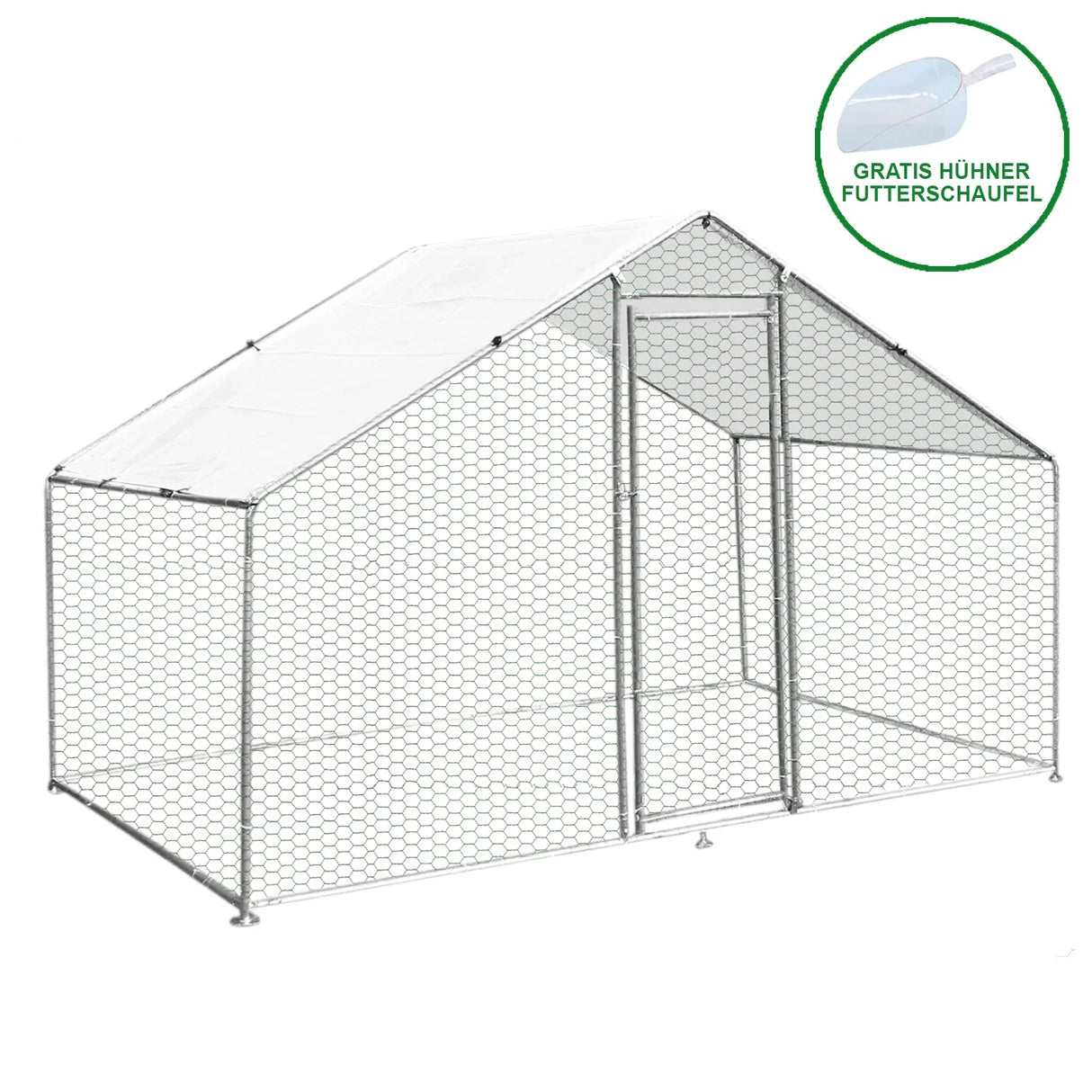 Chicken Run 3m x 2m x 2m with a sturdy metal frame, hexagonal wire mesh, and a sloped roof for protection, includes a free feeding scoop