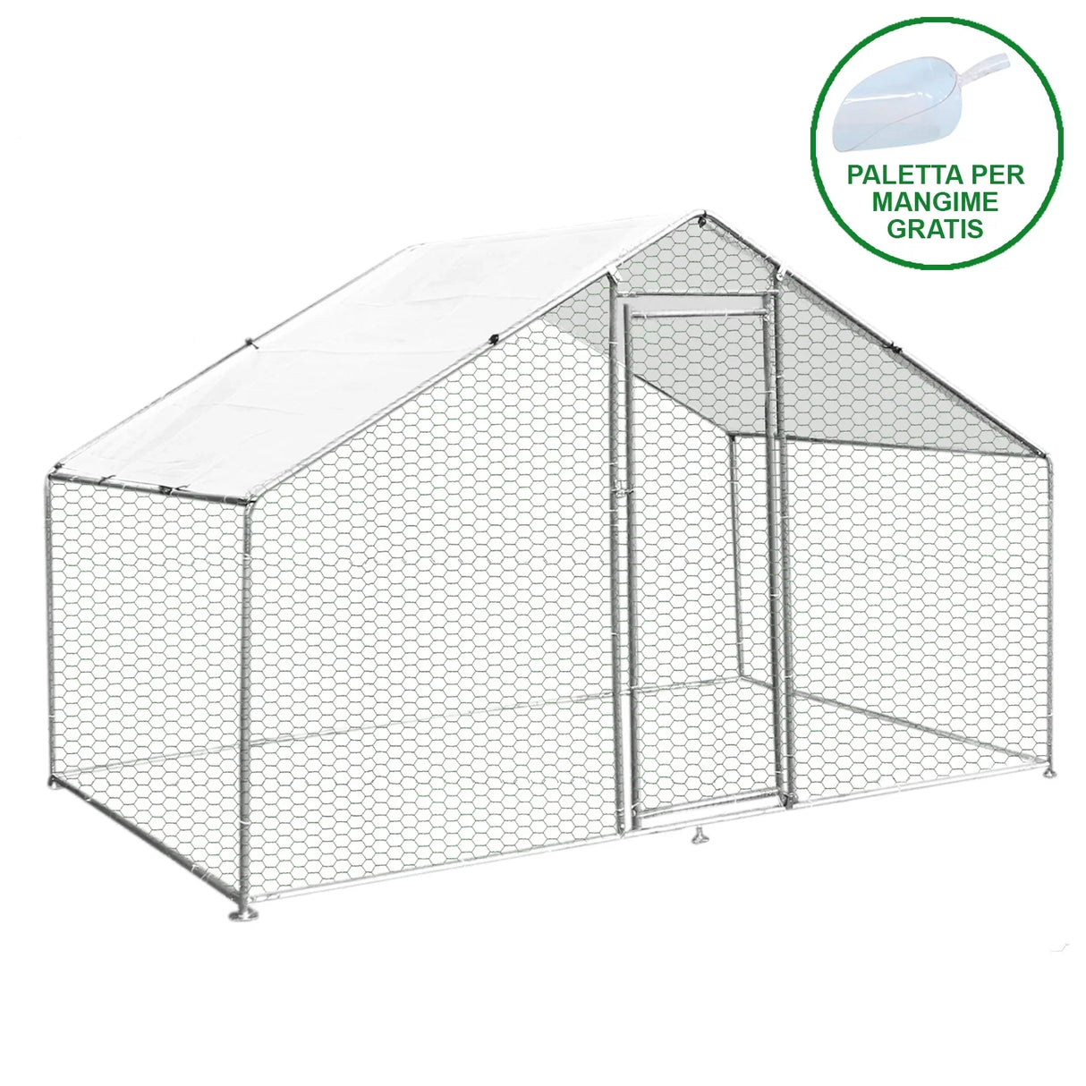 Spacious 3m x 2m x 2m chicken run with a sturdy hexagonal wire mesh, featuring a sloped roof and a secure access door