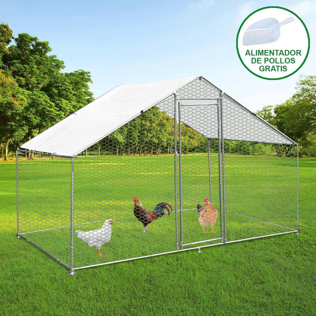 Durable chicken run measuring 3m x 2m x 2m, featuring a sturdy metal frame, hexagonal mesh, and a protective roof, with chickens inside
